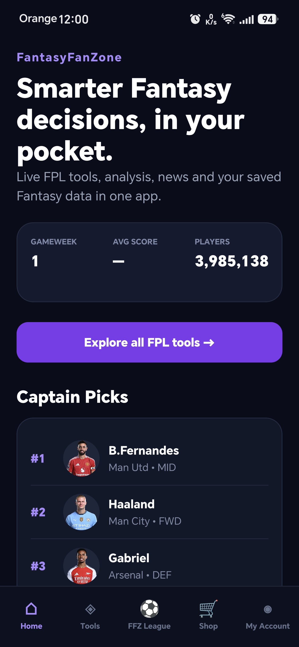 FantasyFanZone mobile app home screen