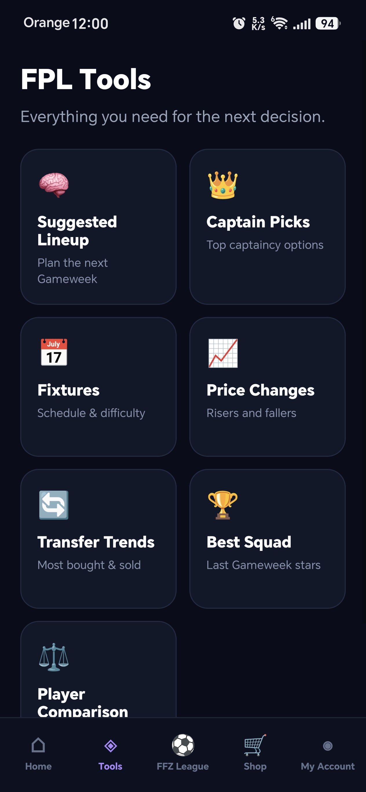 FantasyFanZone FPL Tools screen